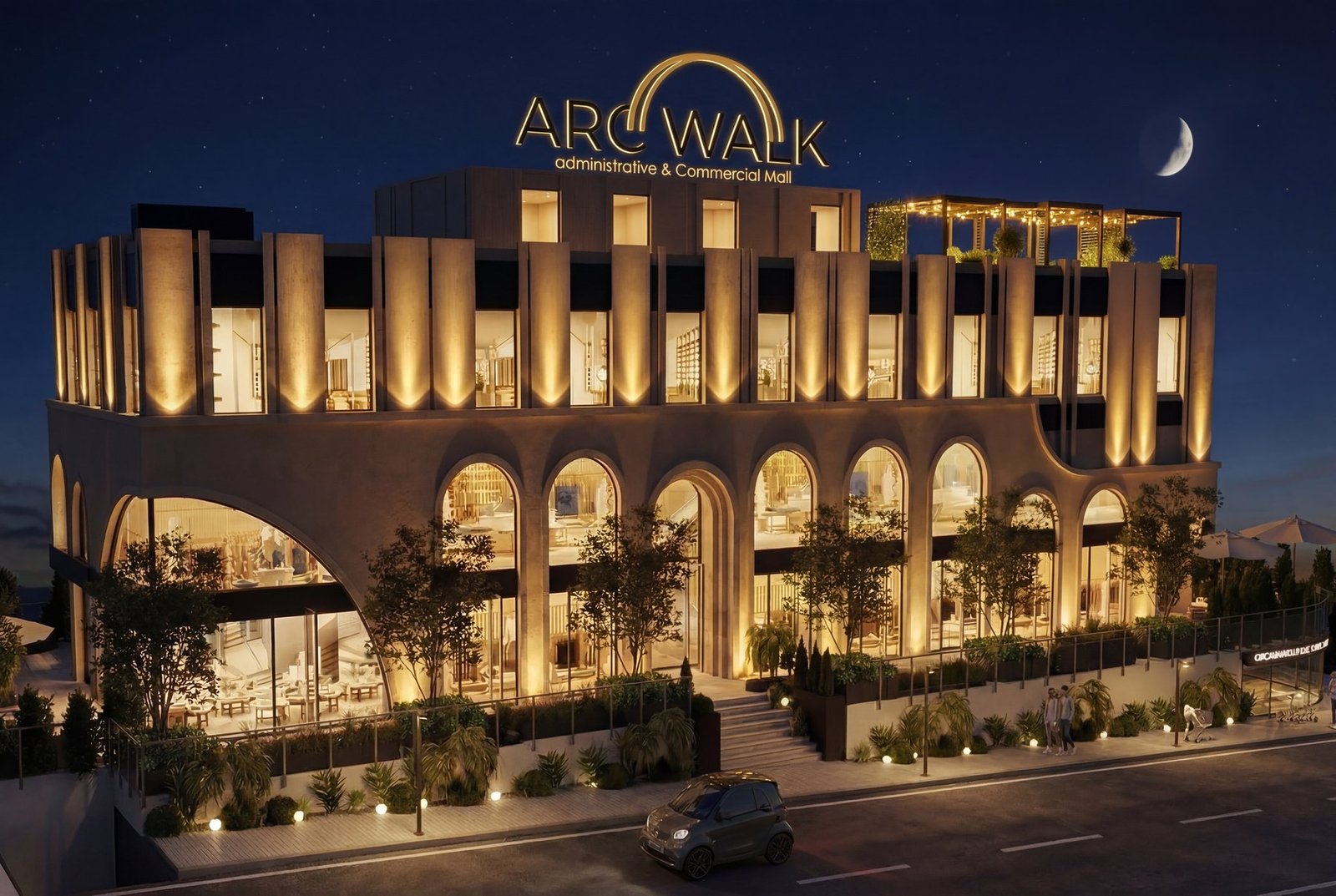 ARC WALK illuminated facade at night