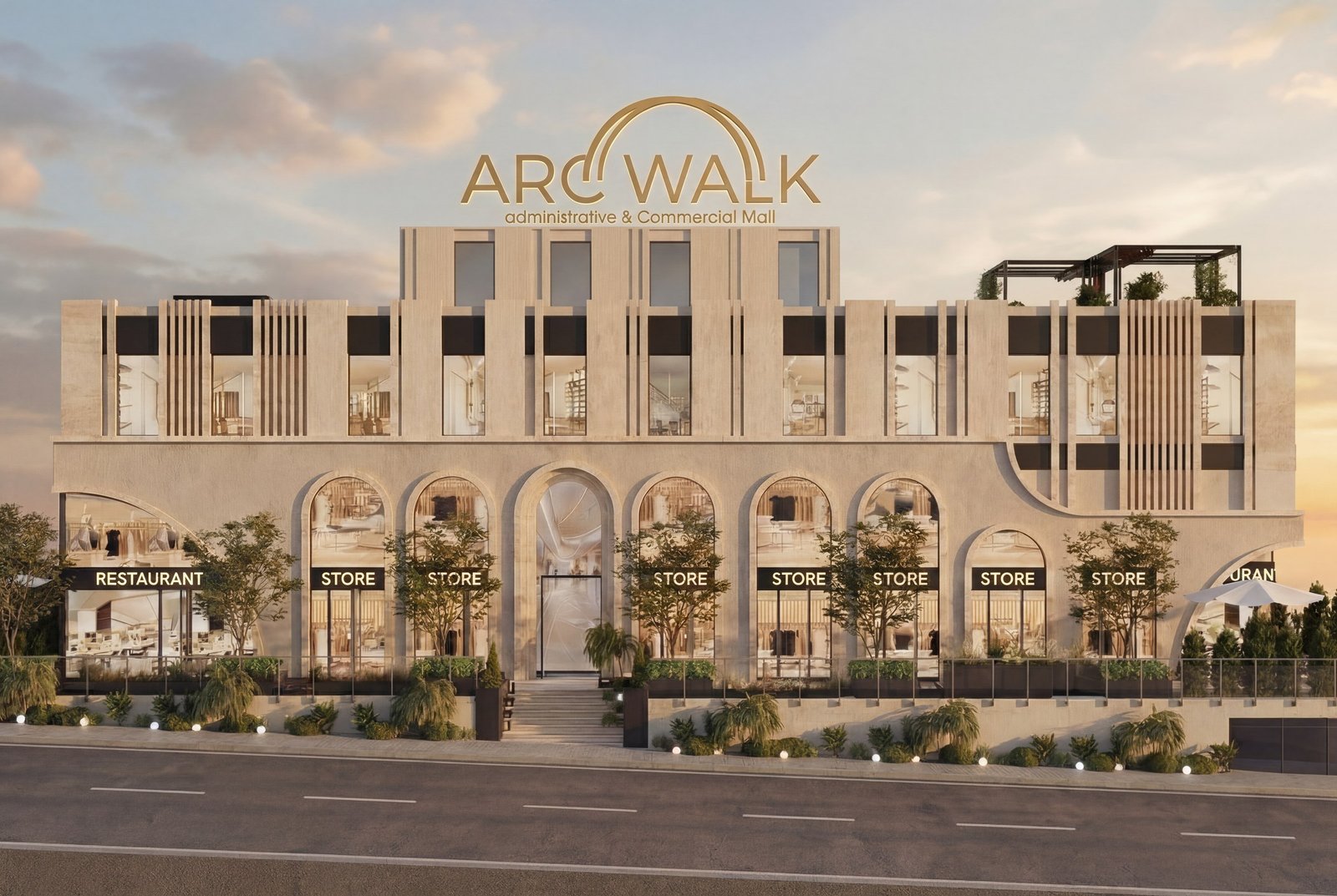 ARC WALK commercial mall facade in daylight